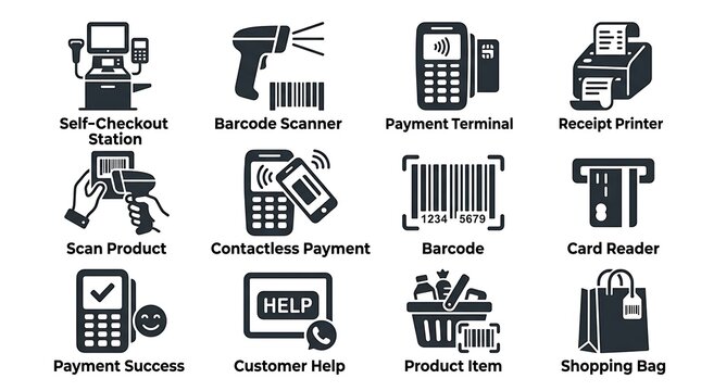 Vector Icon Set of Retail Point of Sale System for Digital Payment and Shopping Process