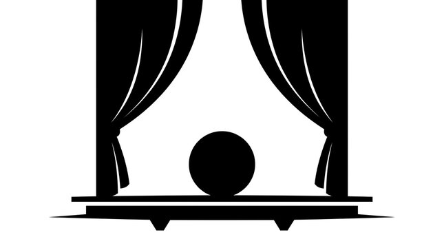 Black theater stage silhouette with open curtains and sphere
