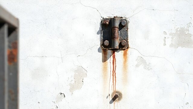Rusty metal hinge on a cracked white wall with stains and shadows