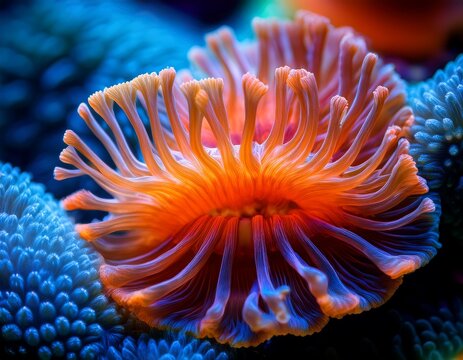 macro close up of vibrant coral polyps featuring blue tips and orange radial centers