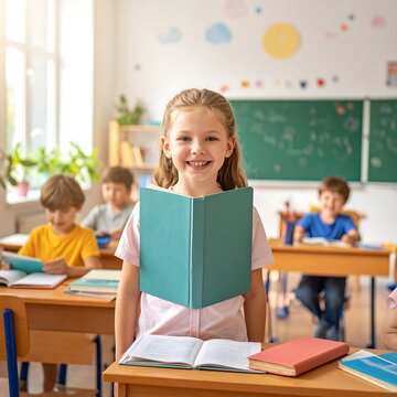 Young girl holding book in classroom.