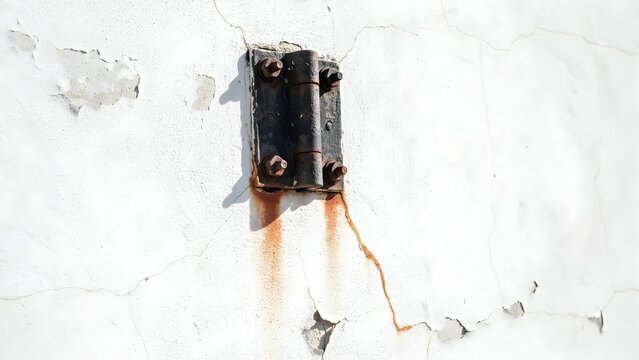 Rusty Metal Hinge on Cracked White Wall with Flaking Paint Detail