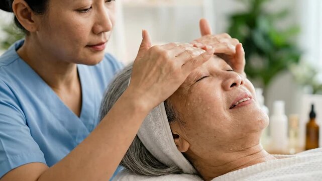 A woman receives a facial treatment from a therapist in a spa. The setting is calm with plants and skincare products visible. The treatment aims to improve skin health