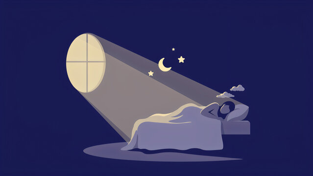 Person sleeping in bed at night. Flat vector illustration of insomnia and rest.