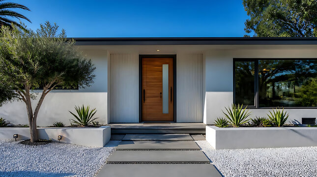 Modern minimalist house facade with a wooden front door and symmetrical landscaping featuring desert plants under a clear blue sky