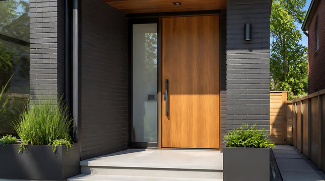 Modern residential entrance featuring a sleek wooden door and minimalist black brick exterior with lush greenery for curb appeal