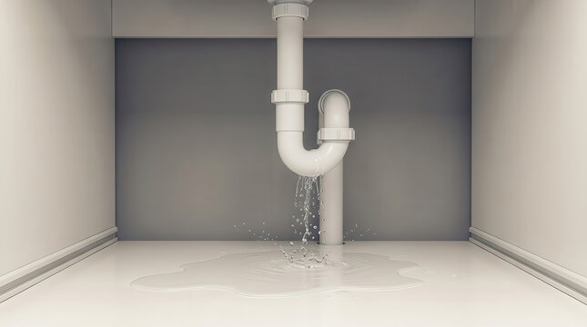 Plumbing leak under kitchen sink with water dripping from white drain pipe, illustrating pipe damage, water leakage, home maintenance, repair, moisture problems, household plumbing, and property care