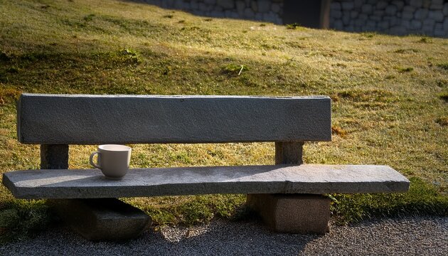 an empty stone bench with a half full ceramic cup on the ground nearby