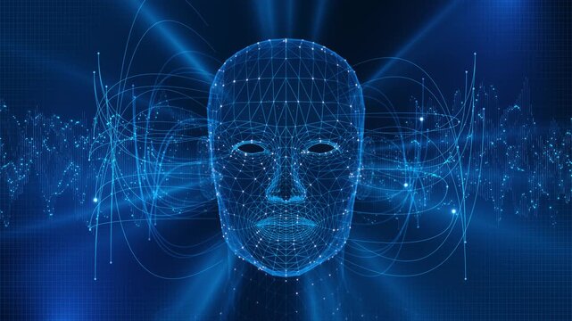 A luminous wireframe face flowing digital signals biometric verification and machine vision. AI identity systems, secure login, fraud prevention, access control, surveillance cybersecurity 19.