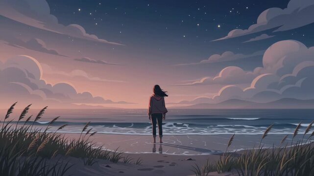 A lone figure stands on a sandy beach at twilight, gazing out at the ocean under a star-filled sky with soft clouds.