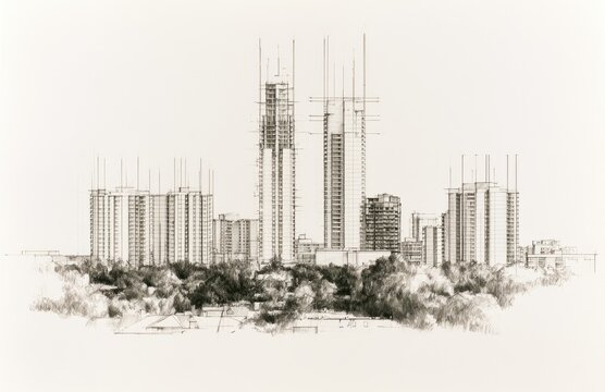Pencil sketch of a city skyline with skyscrapers under construction