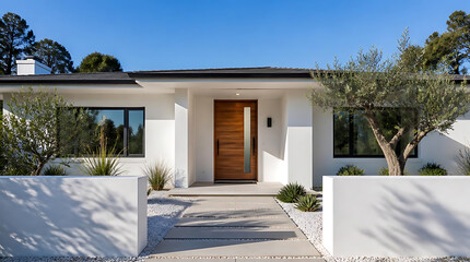 Fototapeta premium Modern minimalist single-story house with clean white fa?ade, wooden door, and landscaped yard under clear blue sky