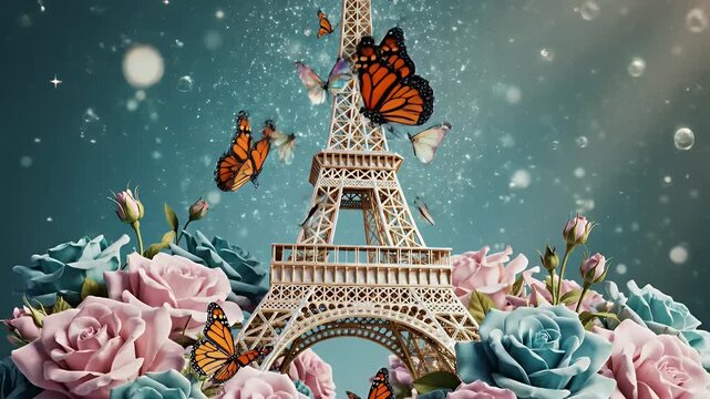 A Floral Arrangement Framing the Eiffel Tower Sculpture Amidst Butterflies in a Dreamy Garden Scene