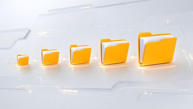 Progression of 3D yellow digital folders on a futuristic circuit background symbolizing data expansion and digital archiving