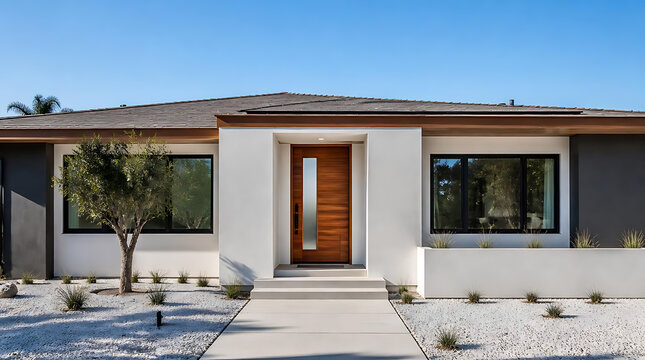 Modern single-story house with minimalist design featuring a central wooden door and spacious windows under a clear blue sky