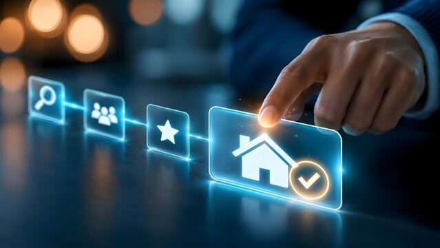 Finger pressing a glowing digital house icon with checkmark on a futuristic touchscreen representing online real estate property search and smart home technology