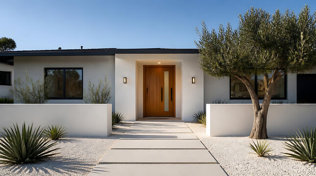 Modern minimalist house entrance with clean lines, natural wood door, surrounding desert landscaping and a mature olive tree