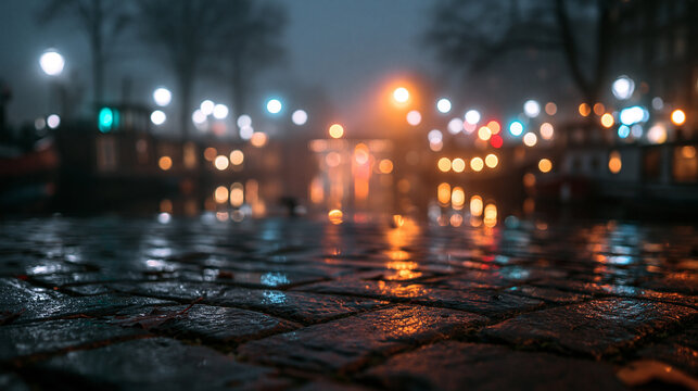Wet Cobblestone Street at Night with City Bokeh Lights