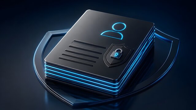 Stack of dark futuristic digital profile cards with a glowing blue user icon and a secure padlock shield representing personal data protection and cyber security