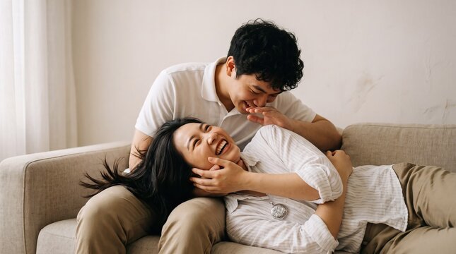 Playful Couple Laughing Together on Sofa in Cozy Living Room