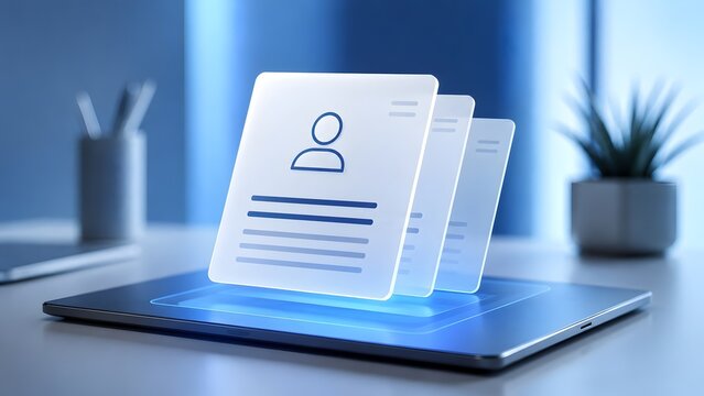 Glowing transparent digital user profile cards floating above a tablet screen representing modern human resources candidate selection and identity management