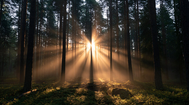 Sunbeams Streaming Through Misty Pine Forest at Morning Sunrise