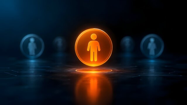 Glowing orange digital user icon standing out from the crowd representing top talent selection and unique leadership candidate