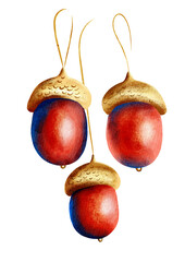 Vintage watercolor Christmas tree ornaments in the shape of acorns, isolated on white background.L © Anna