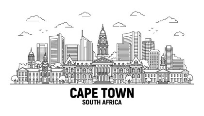 Fototapeta premium Cape Town South Africa city skyline building banner horizontal stroke line art panoramic outline architectural panorama vector design