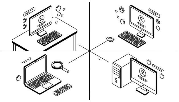 Computer workstation computer setup network user account interface isometric line vector icon set with desktop laptop computer desk