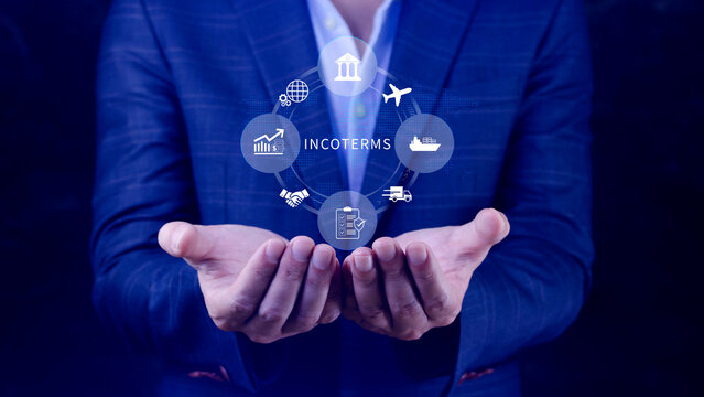 INCOTERMS business concept. Businessman touching virtual INCOTERMS international trade terms, logistics concept. diagram for global supply chain management. not ai