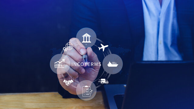 INCOTERMS business concept. Businessman touching virtual INCOTERMS international trade terms, logistics concept. diagram for global supply chain management. not ai