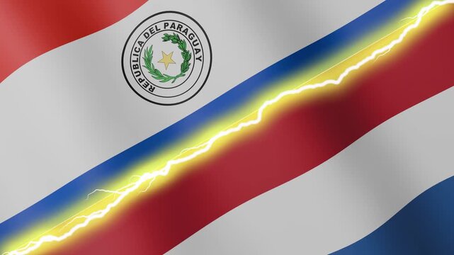 Two waving flags Paraguay and Netherlands with diagonal lightning seamless, 4k loop