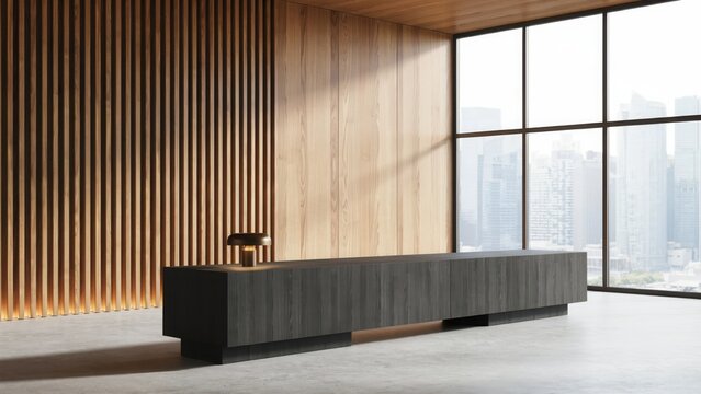 Reception area with a dark wooden desk, a small lamp, a vertical wooden slat wall, concrete floor, and large windows overlooking a city skyline