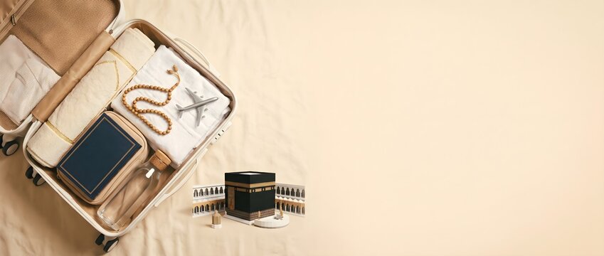 Umrah Pilgrimage Travel Essentials with Ihram and Suitcase