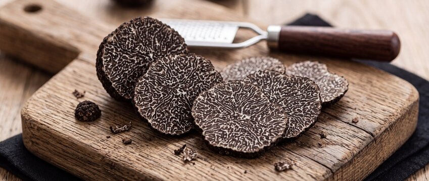 Slices of premium black winter truffles on wooden cutting board with stainless steel grater used for gourmet seasoning and luxury dining