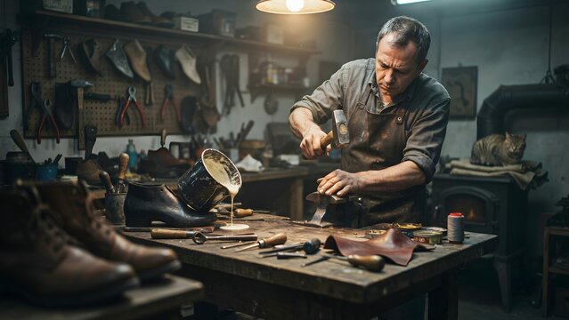 Craftsmanship in a Workshop: Artisan Repairing Leather Boots