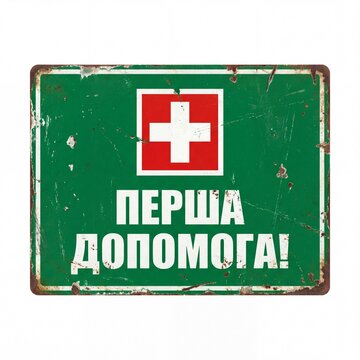 A distressed, rusty metal first aid sign with a white cross on a red square, and '&ETH;&Yuml;&ETH;&bull;&ETH;&nbsp;&ETH;&uml;&ETH; &ETH;&rdquo;&ETH;ž&ETH;&Yuml;&ETH;ž&ETH;&oelig;&ETH;ž&ETH;&ldquo;&ETH;!' (First Aid!) in Ukrainian text, isolated on white.