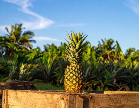Ripe pineapple on wooden crate in sunny tropical field.