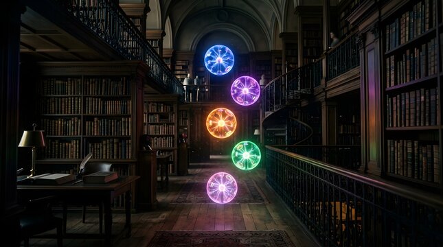 Glowing colorful spheres floating in a dark historic library.