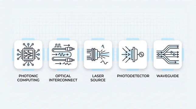 Infographic illustration showing silicon photonics components including photonic computing, optical interconnect, laser source, photodetector and waveguide