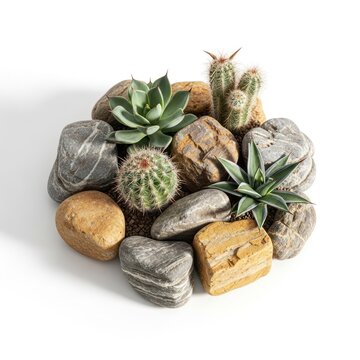 Assortment of Succulents and Cacti Nestled Among Smooth River Stones.