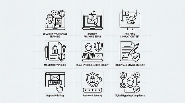 Cybersecurity awareness and compliance training icons set featuring digital security, phishing simulation, policy, and password protection