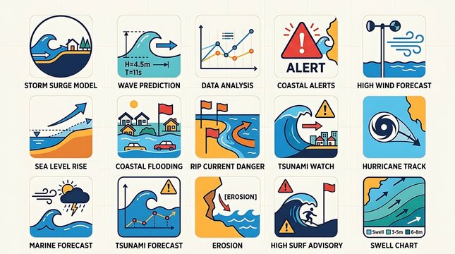 A collection of weather and oceanography icons displaying sea conditions, storms, and coastal risks