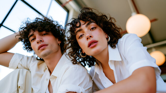 Man and woman with curly hair sitting together, authentic friendship portrait, natural freckled skin, casual white shirts, modern loft interior lighting.