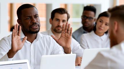 Fototapeta premium Businessman raising hands during heated discussion with diverse colleagues in modern office, capturing constructive disagreement and collaborative decision-making culture.