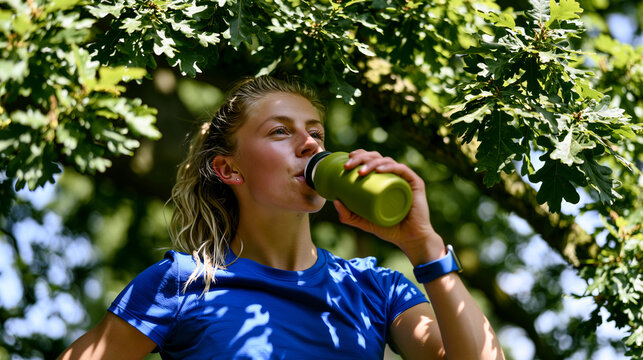 Runner pauses beneath leafy trees to drink water and catch her breath, capturing hydration, fitness, mindfulness and healthy outdoor training lifestyle.