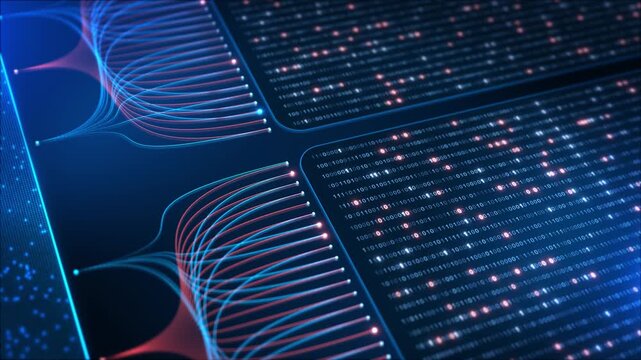 Fast flowing binary information neon connection lines abstract AI processing scene for machine learning, enterprise data pipelines, telecommunications, secure networks, software, streaming, computing.