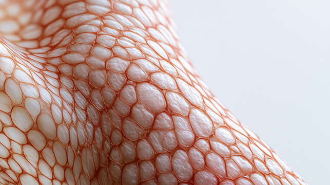 Artificial skin texture close-up, bioengineered cellular membrane, vascular network pattern, translucent tissue structure, regenerative medicine material, macro science mood.