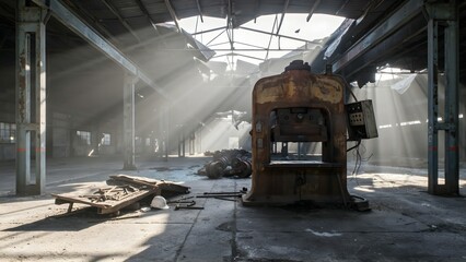 Fototapeta premium Rusty Machinery in Abandoned Factory with Sunlight Beams Streaming